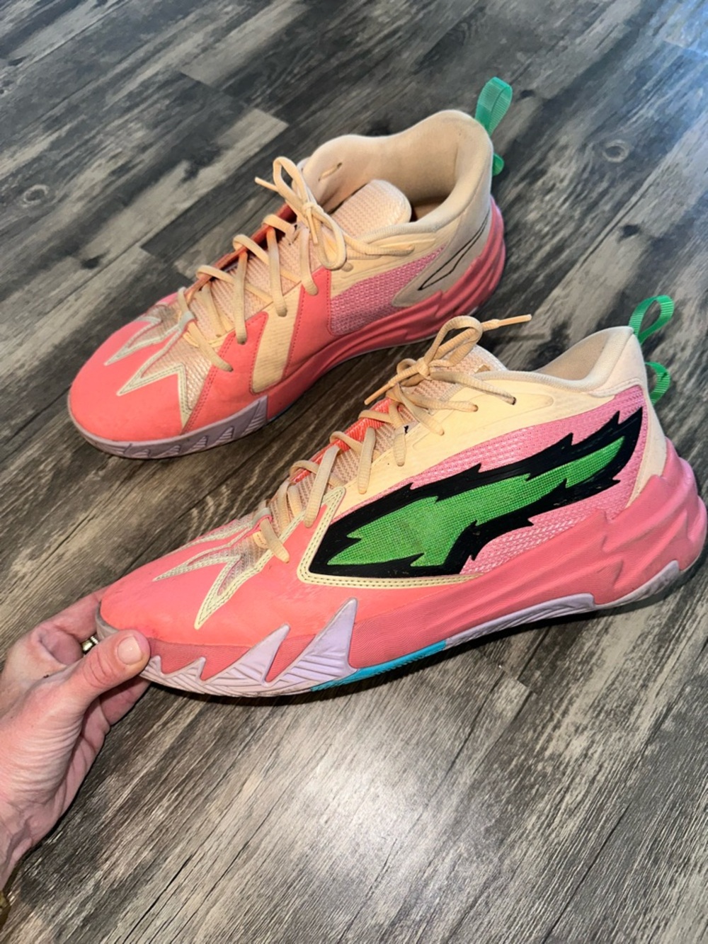 Puma Basketball Shoes Mens 13 Pink Green Athletic Sneakers 379908-07